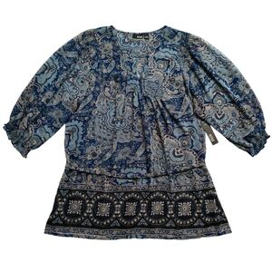 NWT A.n.a Women's Blue Paisley Print 3/4 Sleeve Tunic Blouse L Large